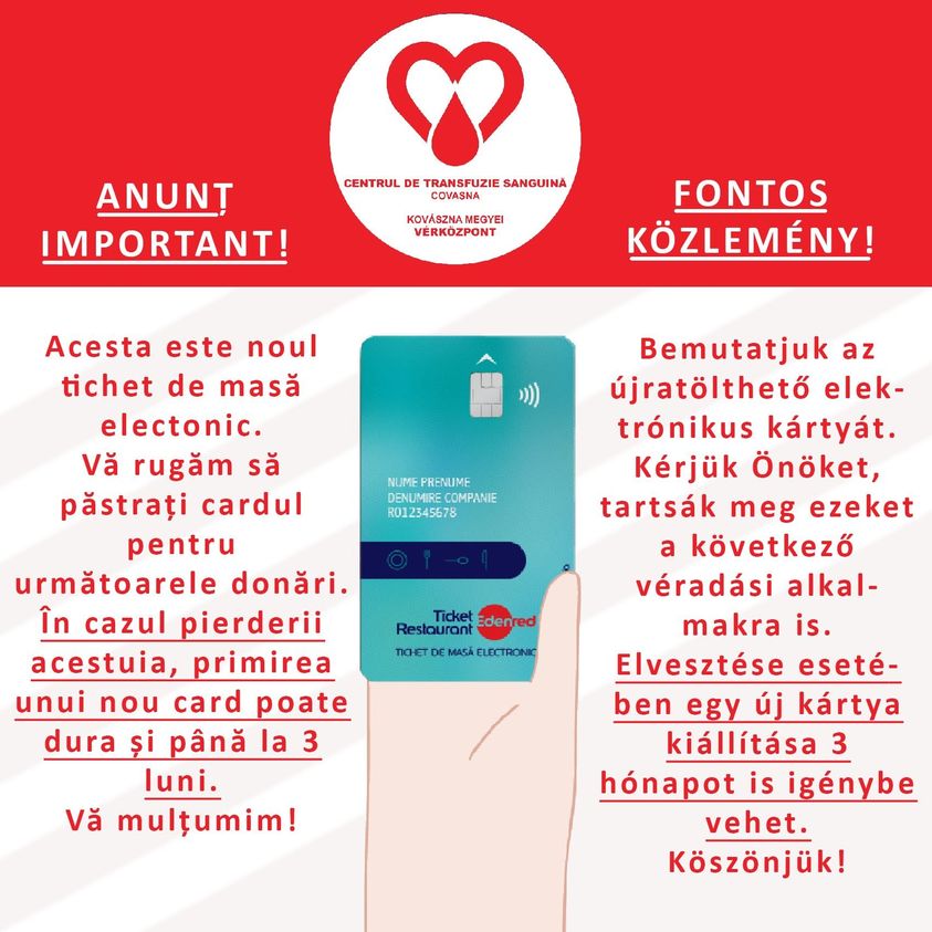 Tichete de masă pe card pentru donarea de sânge la Centrul de